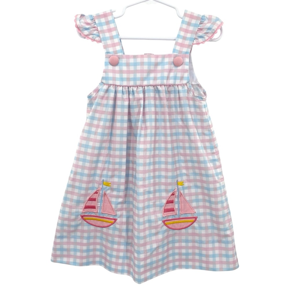 Classic Whimsy Pastel Plaid Sailboat Dress Toddler Girl’s Size 3T